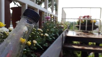 botella vacía tirada cerca del jardín de flores foto