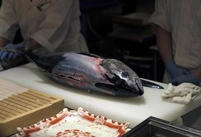 Sushi master expertly slicing a tuna photo