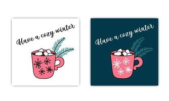 Cozy winter cards set. Mug of hot chocolate with marshmallows and fir twigs. Isolated sweet beverage. Christmas and winter symbol. Vector doodle illustration