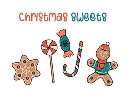 Christmas sweets doodle set. Vector collection of homemade traditional desserts. Decorated gingerbread, ginger man, lollipop and candies. Funny hand drawn outline Christmas sweets and cookies