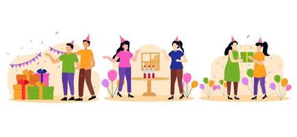Birthday Party Scene Flat Bundle Design vector