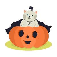 Funny kitten wearing a black cloak and jack-o-lantern pumpkin. Hand drawn vector illustration. Great for Halloween posters, greeting cards