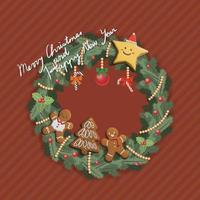 Christmas wreath on red background with gingerbread composition and icing, decoration vector