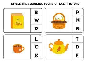 Worksheet for kids. Find the beginning sound of autumn elements. vector