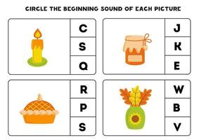 Worksheet for kids. Find the beginning sound of warm clothes. vector