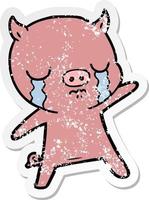 distressed sticker of a cartoon pig crying vector