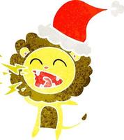 retro cartoon of a roaring lion wearing santa hat vector