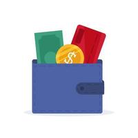 billetera colorida con billetes, tarjeta de crédito, moneda vector