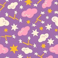 Constellation stars clouds childish vector seamless pattern