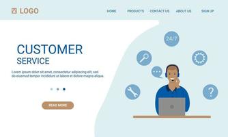 Landing page of the customer support service. A male operator with a laptop in headphones. Call center, hotline. Flat style. Vector illustration