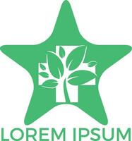 cruz médica y hojas verdes forma de estrella vector logo concepto ilustración. logotipo de cuidado de la salud natural, logotipo de tratamiento natural.