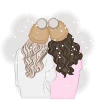 Christmas Two girls in winter clothes and hat rear view, fashion vector illustration