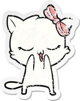 distressed sticker of a cartoon cat with bow on head vector