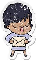 distressed sticker of a cartoon woman talking vector