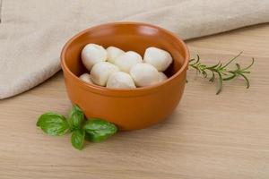 Mozzarella cheese in a bowl on wooden background photo