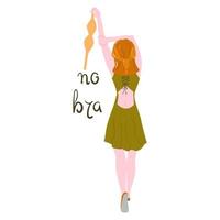 concept of a day without a bra. A girl with red hair stands with her back turned and holds a bra in her hand. Day without a bra. The concept of freedom, feminism, body positivity. vector