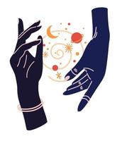 Magic woman hands with moon phases. Alchemy esoteric mystical magic celestial talisman with woman hand. Spiritual occultism object. Hand drawn vector illustrations isolated