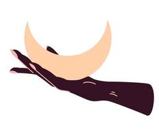 manos femeninas mágicas sosteniendo la luna. alquimia esotérica mística mágica talismán celestial con mano femenina. el objeto del ocultismo espiritual. ilustración vectorial aislada vector