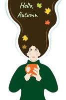 una chica con el pelo largo y oscuro con una taza en las manos, la inscripción hola otoño, vector plano, aislar en blanco, hojas de otoño, colores de otoño