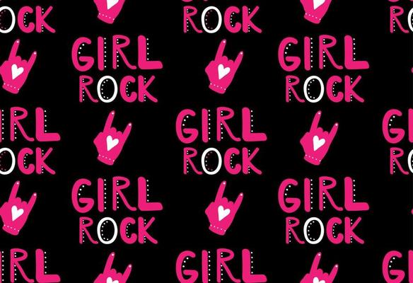 Girl Rock. Rock On. Music symbol. Seamless pattern on the black background.