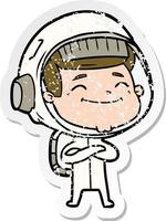 distressed sticker of a happy cartoon astronaut vector