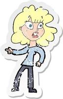 retro distressed sticker of a cartoon worried woman pointing vector