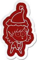 cartoon  sticker of a elf girl staring and crouching wearing santa hat vector