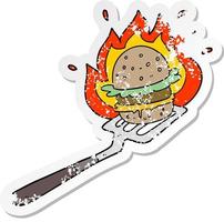 distressed sticker of a cartoon burger on spatula vector