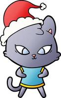 cute gradient cartoon of a cat wearing santa hat vector