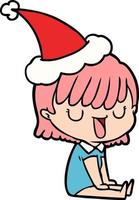 line drawing of a woman wearing santa hat vector