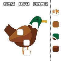 Cut out and glue. Educational game for children. Vector template with duck