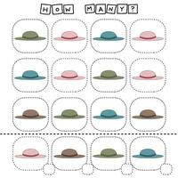 How many counting game with colorful  hat. Worksheet for preschool kids, kids activity sheet, printable worksheet vector