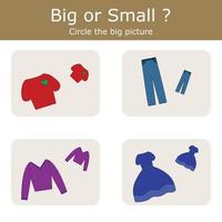 combinar la ropa por tamaño grande y pequeño. juego educativo para niños. vector
