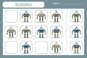 Sudoku game for children with  colorful robots. Kids activity sheet . vector