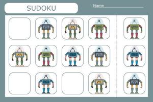 Sudoku game for children with  colorful robots. Kids activity sheet . vector