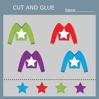 worksheet vector design, the task is to cut and glue a piece on   colorful longsleeves.  Logic game for children.