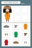 Educational game for a child  choose the clothes the girl is wearing from all the options, cut and glue vector