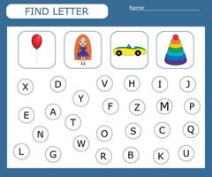 Find the first letter of the word  and connect. Educational game for children. vector