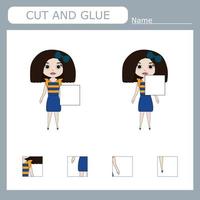 Worksheet vector design, the task is to cut and glue a piece on girls.  Logic game for children.