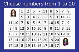 The task is to go through a maze of numbers from 1 to 20. Educational exercises for preschool children vector