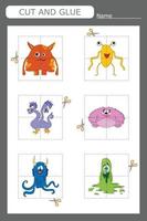 worksheet vector design, the task is to cut and glue a piece on colorful  monsters.  Logic game for children.