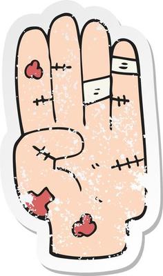 retro distressed sticker of a cartoon injured hand