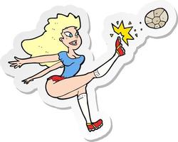 sticker of a cartoon female soccer player kicking ball vector