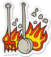 pegatina de una caricatura de herramientas calientes junto a la chimenea vector