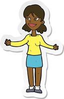 sticker of a cartoon happy woman shrugging shoulders vector