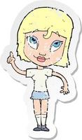 retro distressed sticker of a cartoon woman with idea vector