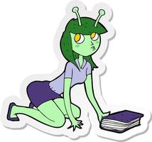 sticker of a cartoon alien girl and book vector