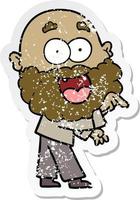 distressed sticker of a cartoon crazy happy man with beard vector