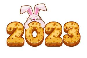 galletas biskvit con 2023 y conejo. feliz año nuevo 2023, plantilla de tarjeta de felicitación. vector