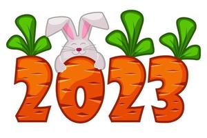 zanahoria número 2023 y conejo. feliz año nuevo 2023, plantilla de tarjeta de felicitación. vector